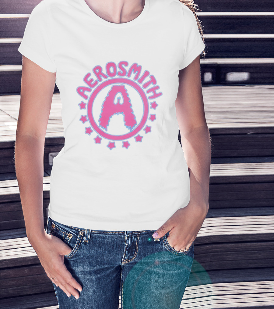 Aerosmith Retro Band Emblem Pink Blue Stars T-Shirt