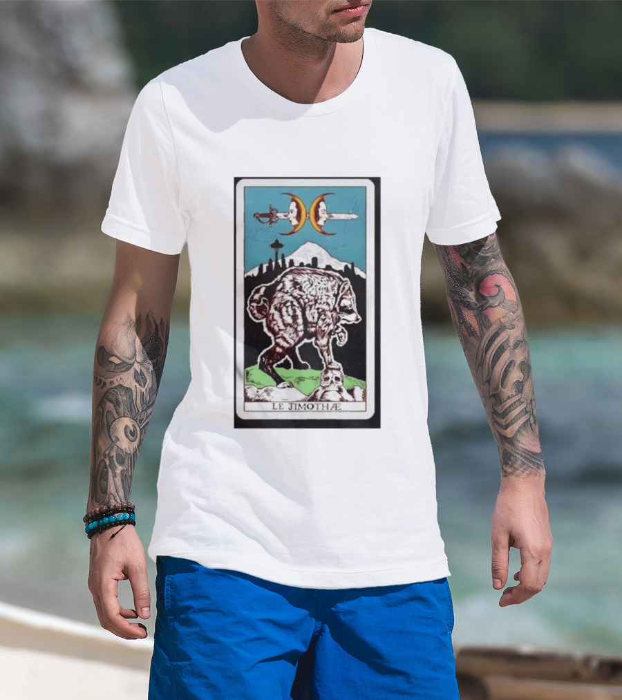 Le Jimothae Raccoon Tarot Seattle Skyline Moon Swords T-Shirt