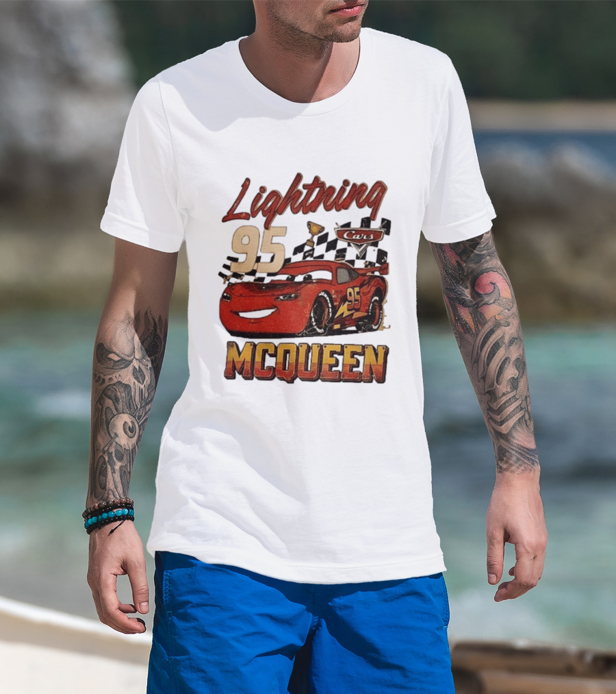 Lightning McQueen 95 Cars Trophy Checkered Flags Disney Pixar T-Shirt