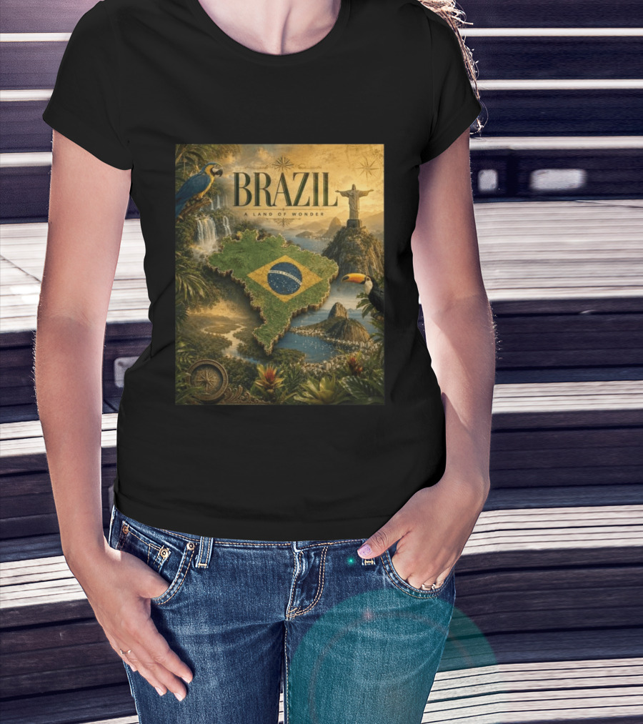 Brazil A Land Of Wonder Ordem E Progresso Christ The Redeemer Amazon Rainforest Toucan Macaw Waterfalls T-Shirt