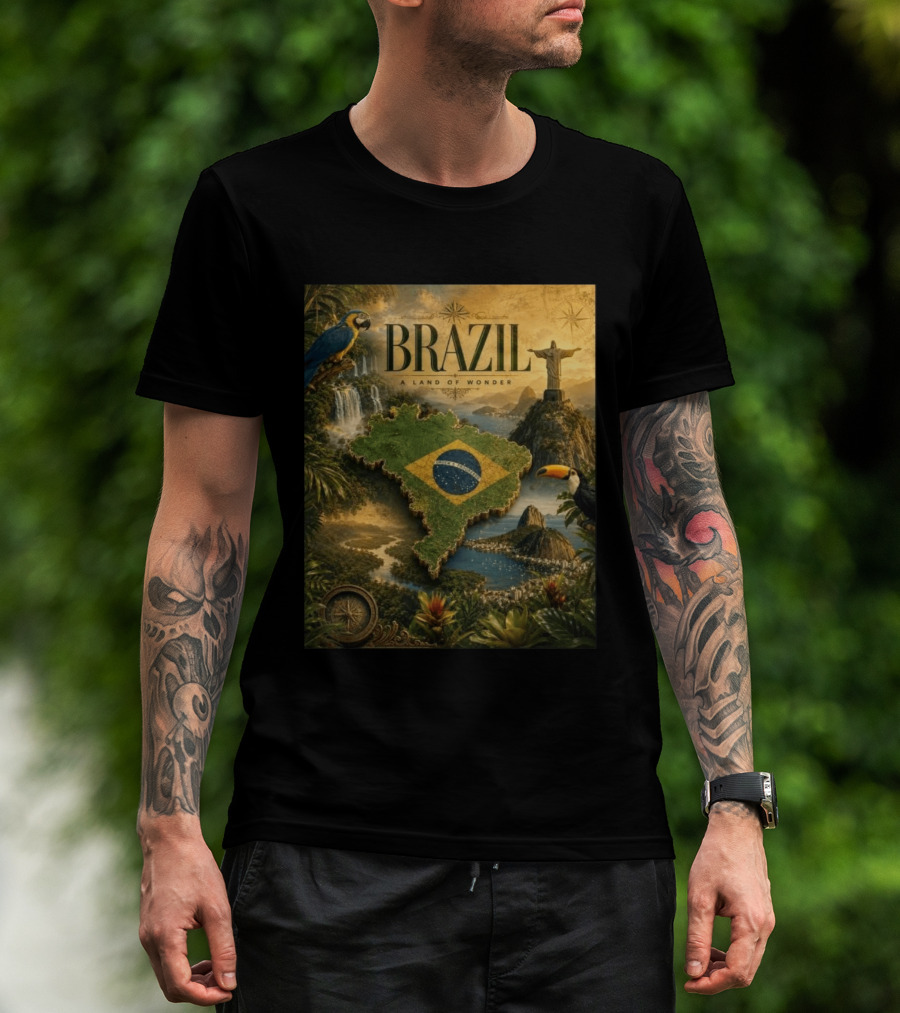 Brazil A Land Of Wonder Ordem E Progresso Christ The Redeemer Amazon Rainforest Toucan Macaw Waterfalls T-Shirt