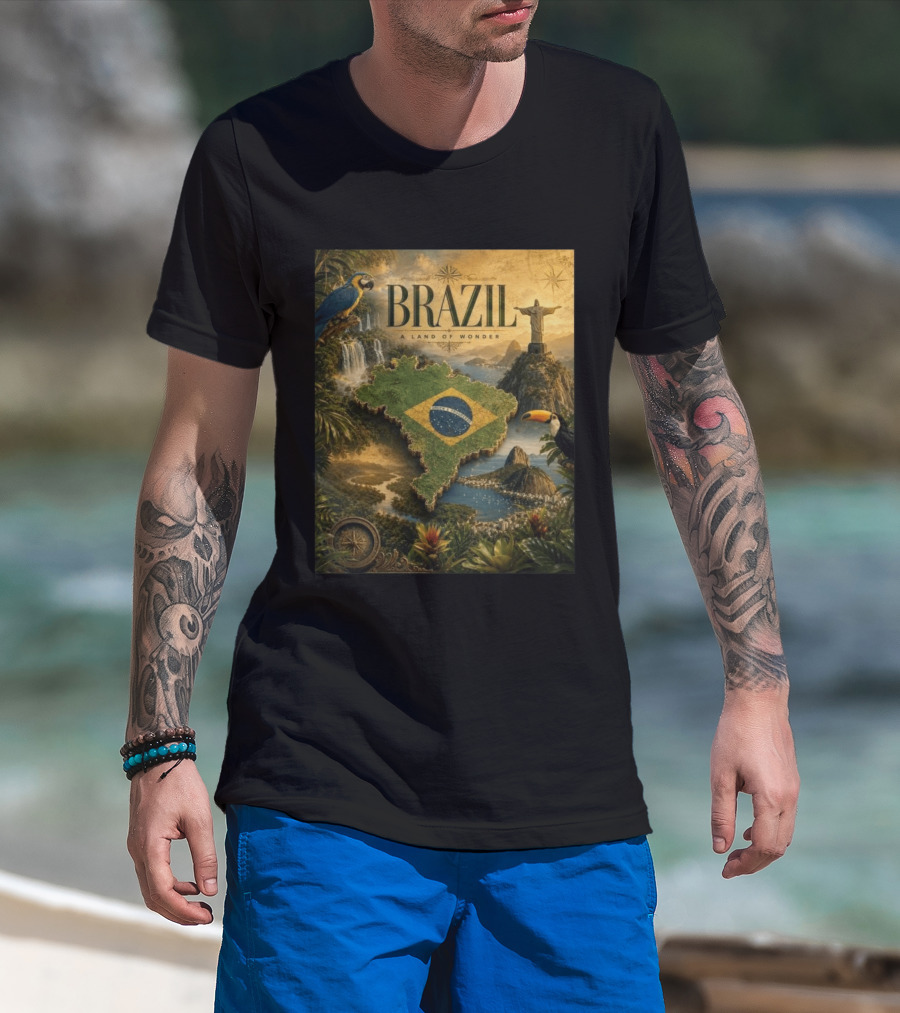 Brazil A Land Of Wonder Ordem E Progresso Christ The Redeemer Amazon Rainforest Toucan Macaw Waterfalls T-Shirt