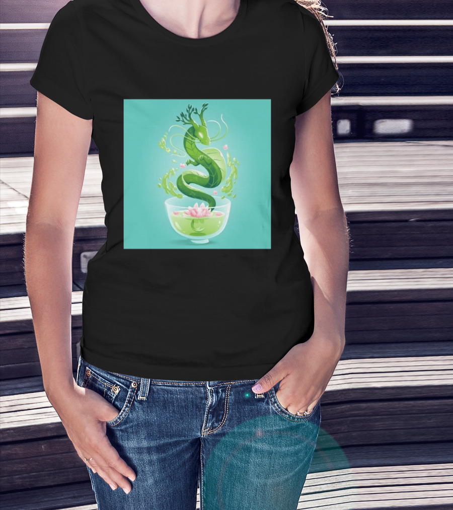 Green Tea Dragon In Teacup With Blossoms And Leaves T-Shirt