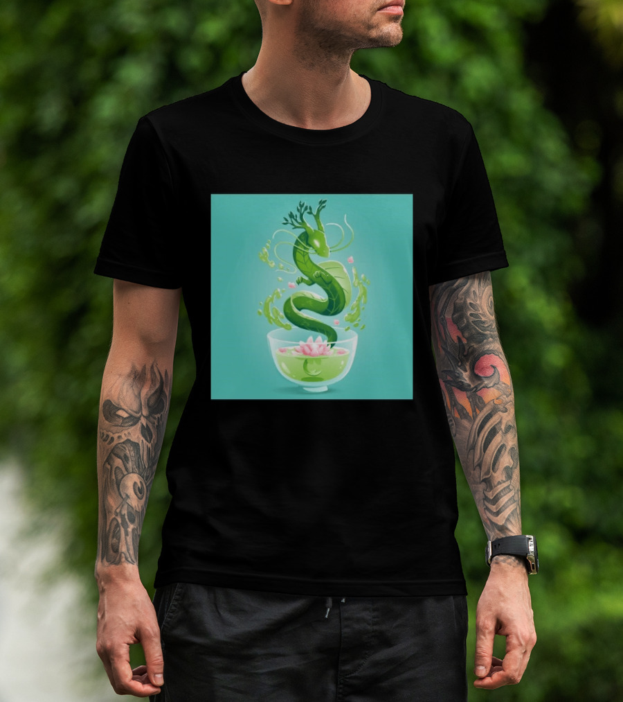 Green Tea Dragon In Teacup With Blossoms And Leaves T-Shirt