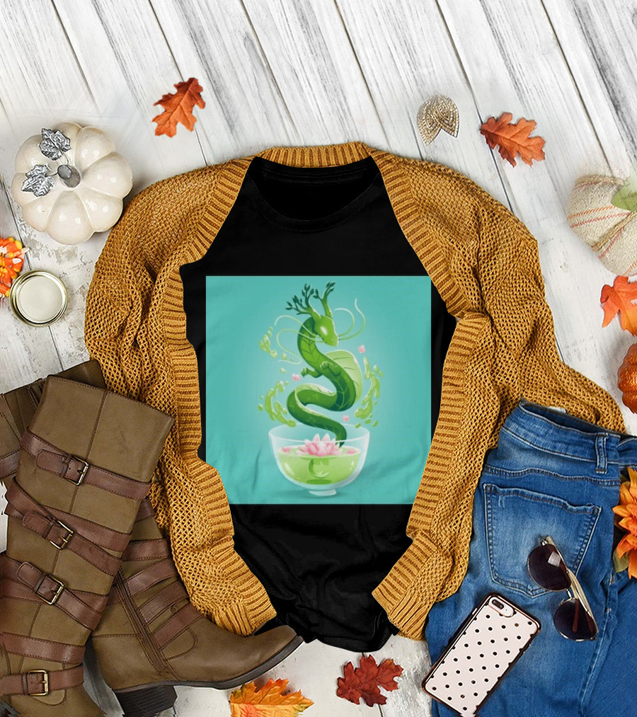 Green Tea Dragon In Teacup With Blossoms And Leaves T-Shirt