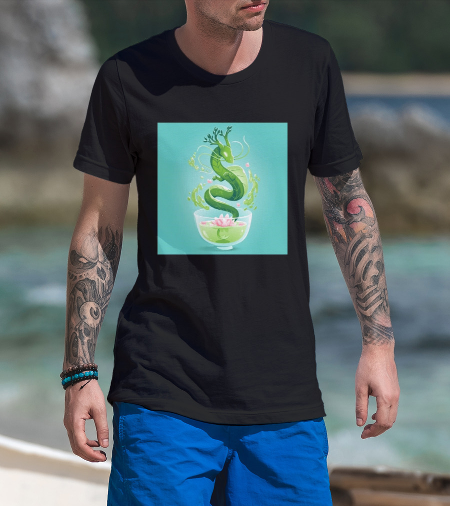 Green Tea Dragon In Teacup With Blossoms And Leaves T-Shirt