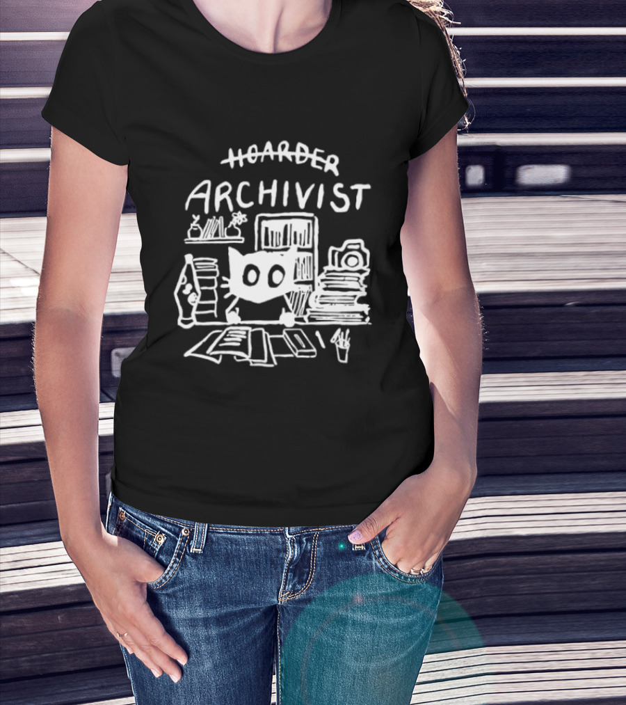 Hoarder Archivist Cat Surrounded By Books And Files T-Shirt