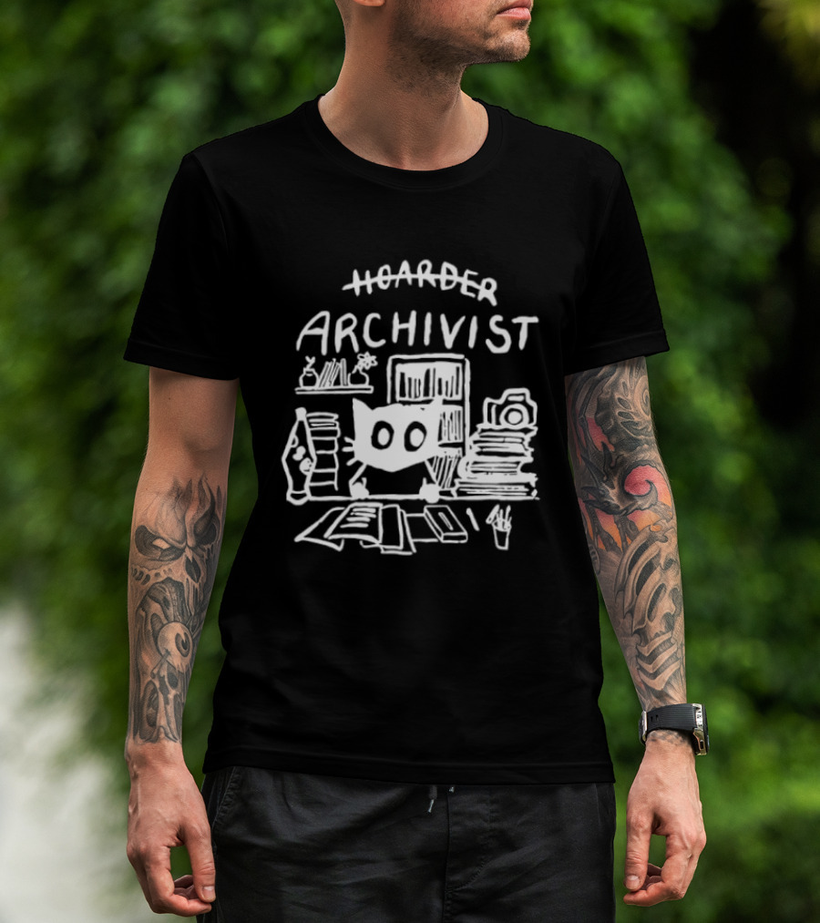 Hoarder Archivist Cat Surrounded By Books And Files T-Shirt