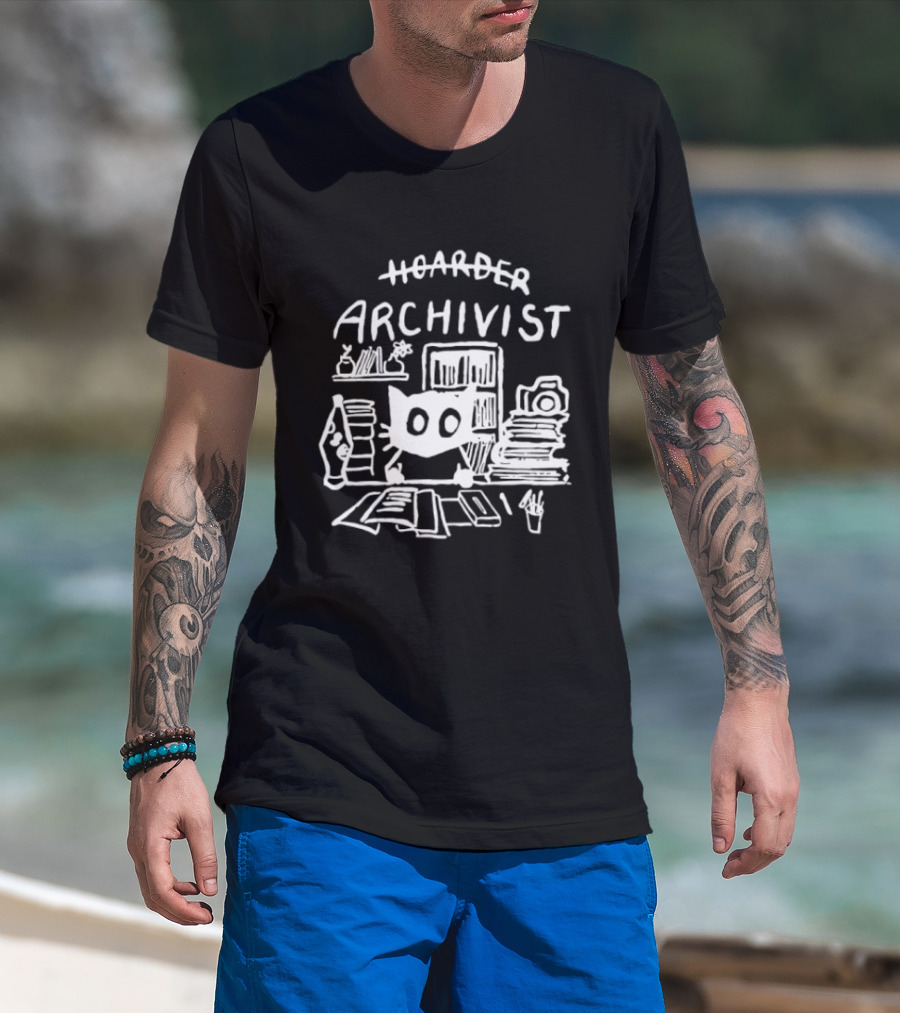 Hoarder Archivist Cat Surrounded By Books And Files T-Shirt