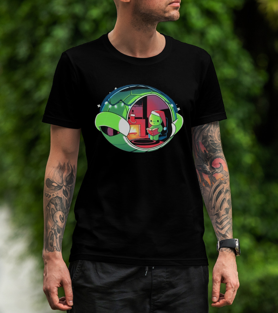 Christmas Turtle Cozy Holiday Scene With Santa Hat And Fireplace T-Shirt