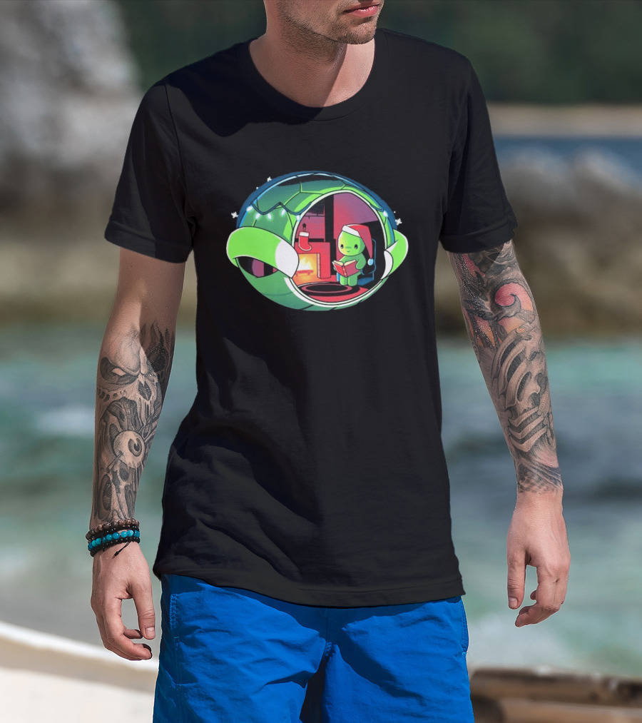 Christmas Turtle Cozy Holiday Scene With Santa Hat And Fireplace T-Shirt