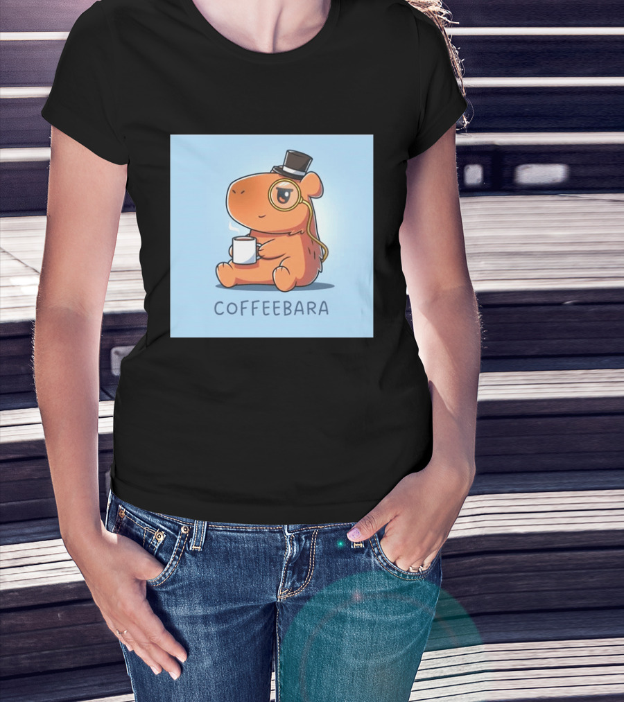 COFFEEBARA Cute Capybara Drinking Coffee With Top Hat And Monocle T-Shirt