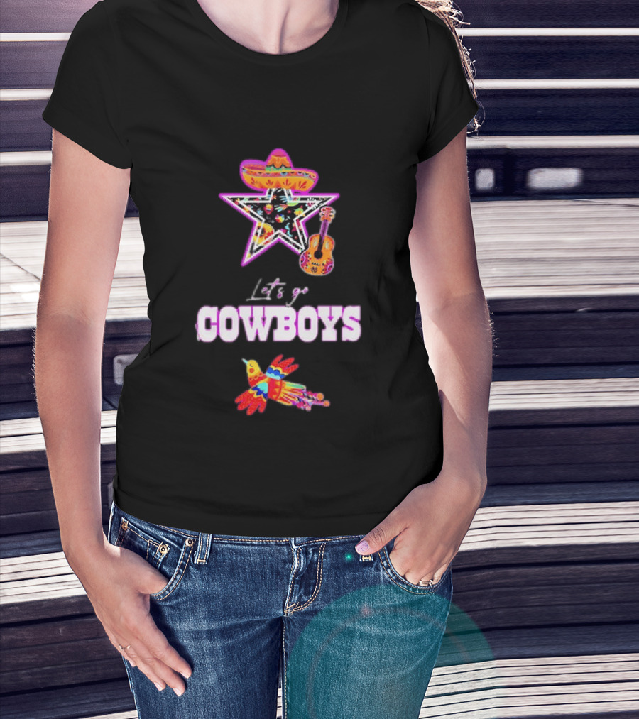 Let's Go Cowboys Mexican Folk Sombrero Star Guitar Bird T-Shirt