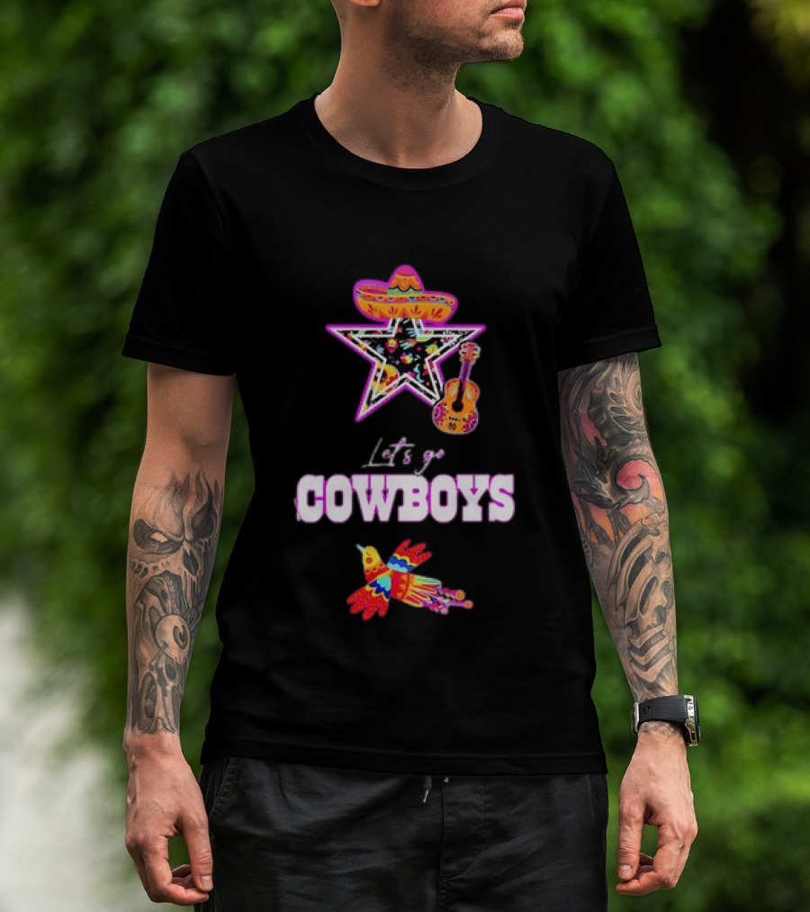 Let's Go Cowboys Mexican Folk Sombrero Star Guitar Bird T-Shirt