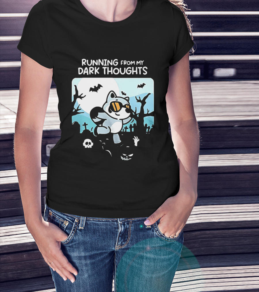 Raccoon Running From My Dark Thoughts Moonlight Bats And Graveyard Scene T-Shirt