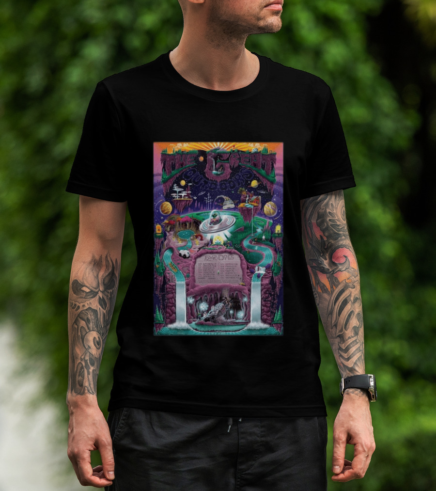The Great Outdoors Fall Tour 2026 Cosmic Adventure Spaceships Waterfalls Planets T-Shirt
