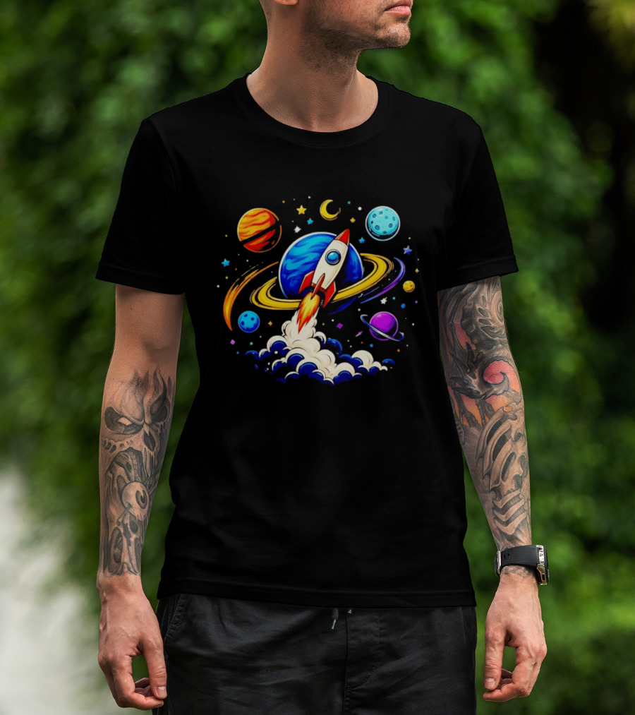 Space Rocket Launch With Vibrant Orbiting Planets And Stars T-Shirt