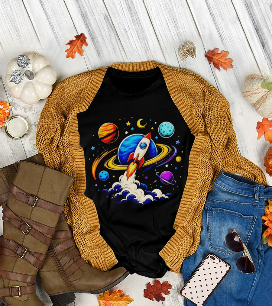 Space Rocket Launch With Vibrant Orbiting Planets And Stars T-Shirt