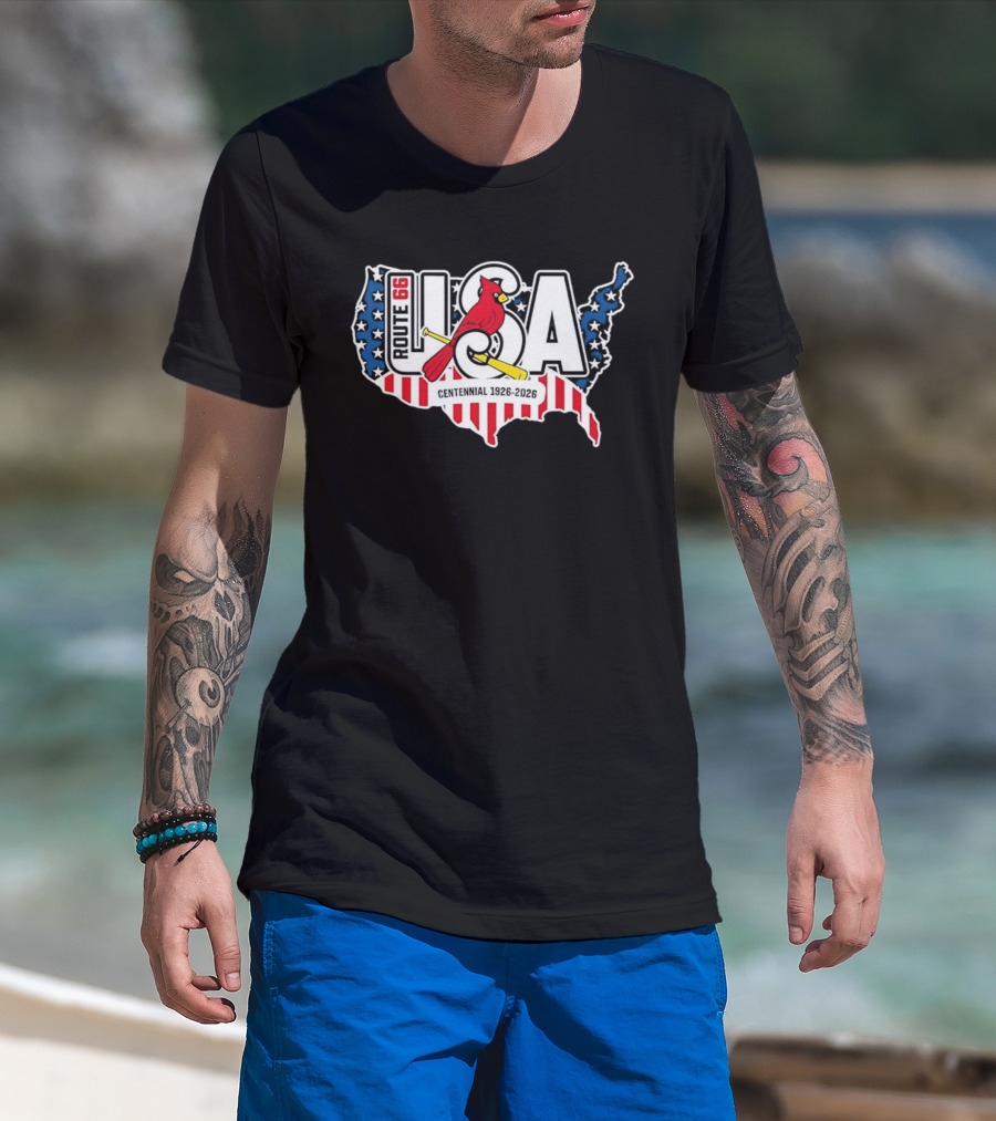 St Louis Cardinals Route 66 USA Centennial 1926 2026 American Flag Map T-Shirt