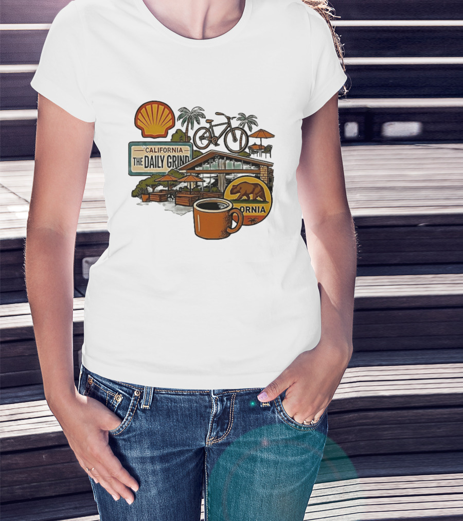 California The Daily Grind Shell Coffee Bear Bike Palms T-Shirt