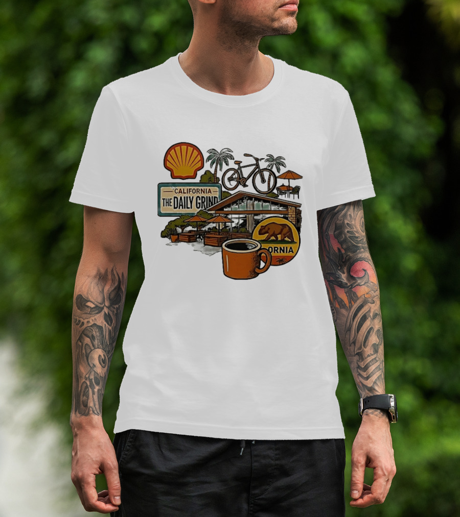 California The Daily Grind Shell Coffee Bear Bike Palms T-Shirt