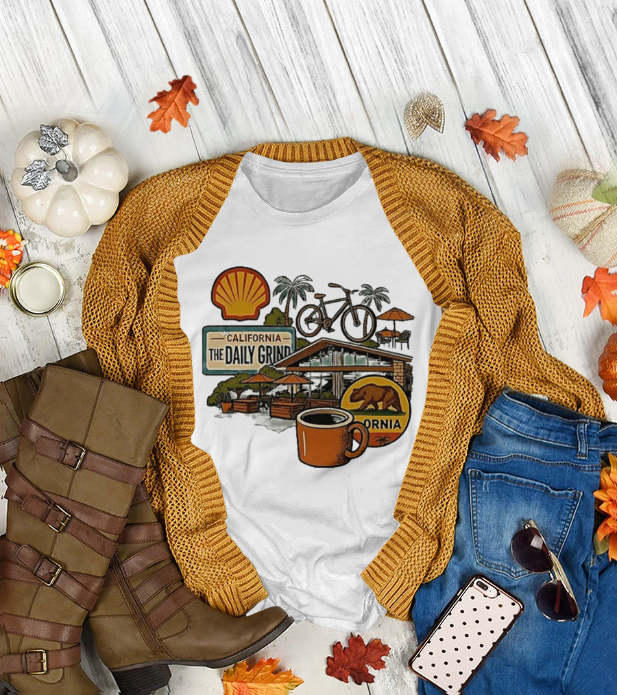 California The Daily Grind Shell Coffee Bear Bike Palms T-Shirt