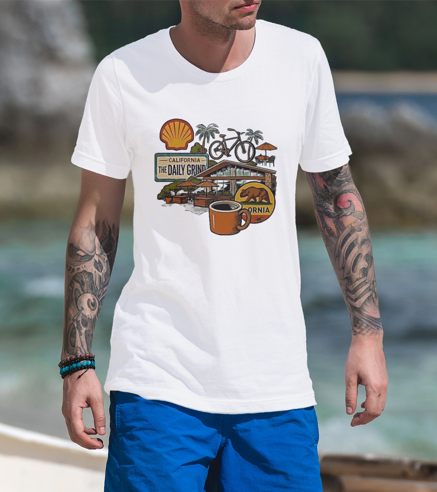 California The Daily Grind Shell Coffee Bear Bike Palms T-Shirt