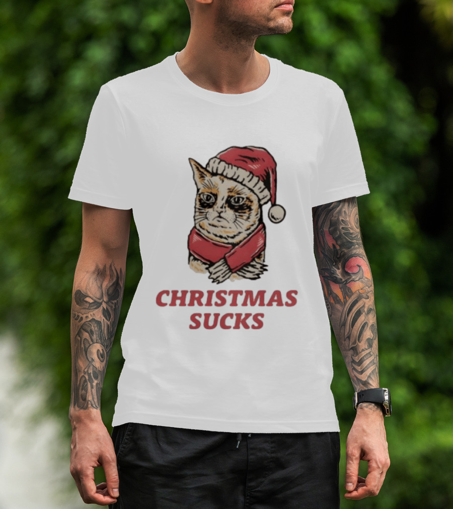 Cat Santa Hat Christmas Sucks Grumpy Humor T-Shirt