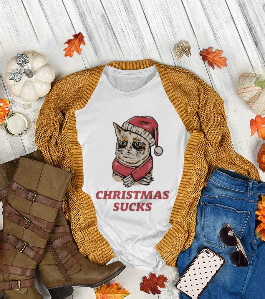 Cat Santa Hat Christmas Sucks Grumpy Humor T-Shirt