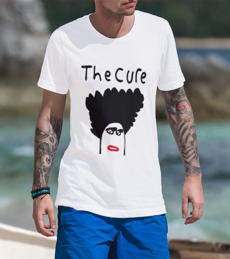 Kieran Maguire Wearing The Cure Text Bold Face Black Hair Red Lips T-Shirt