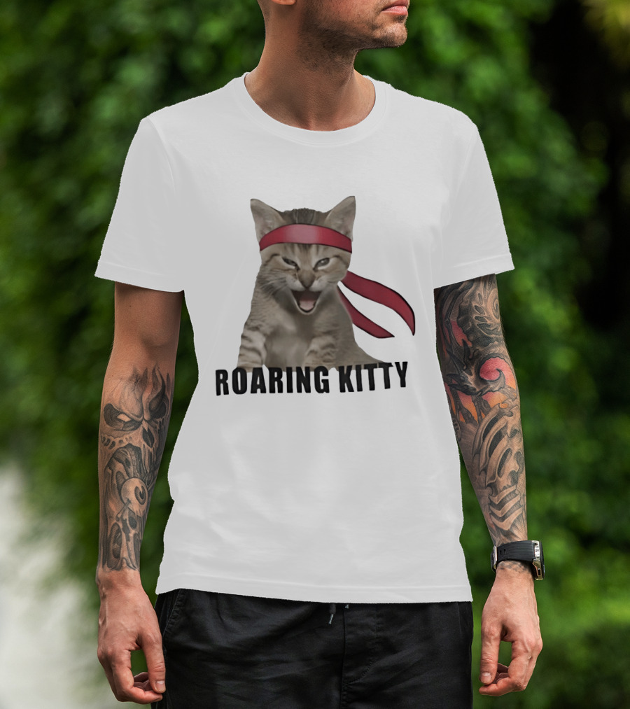 Roaring Kitty Kitten In Red Headband Stock Market Meme T-Shirt