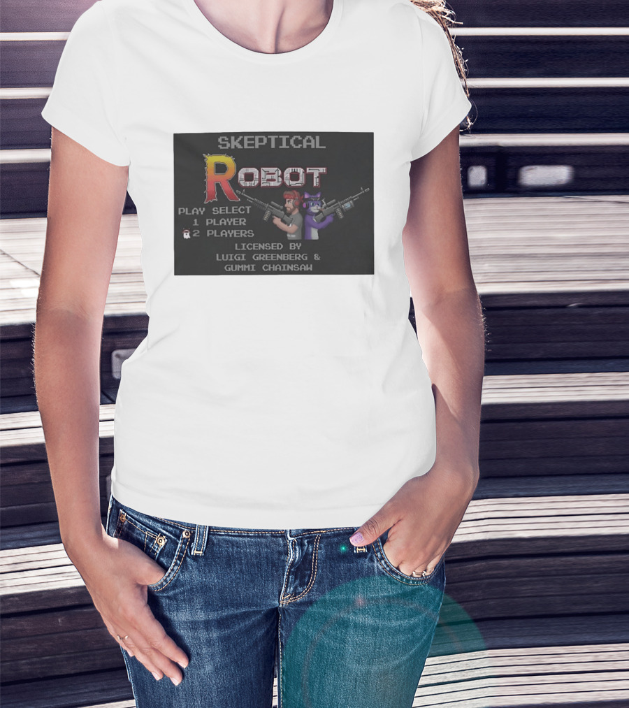 Skeptical Robot Play Select Luigi Greenberg Gummi Chainsaw T-Shirt