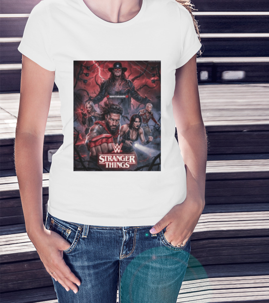 WWE And Stranger Things Crossover With The Undertaker, Roman Reigns, Cody Rhodes, Rhea Ripley, And Liv Morgan T-Shirt