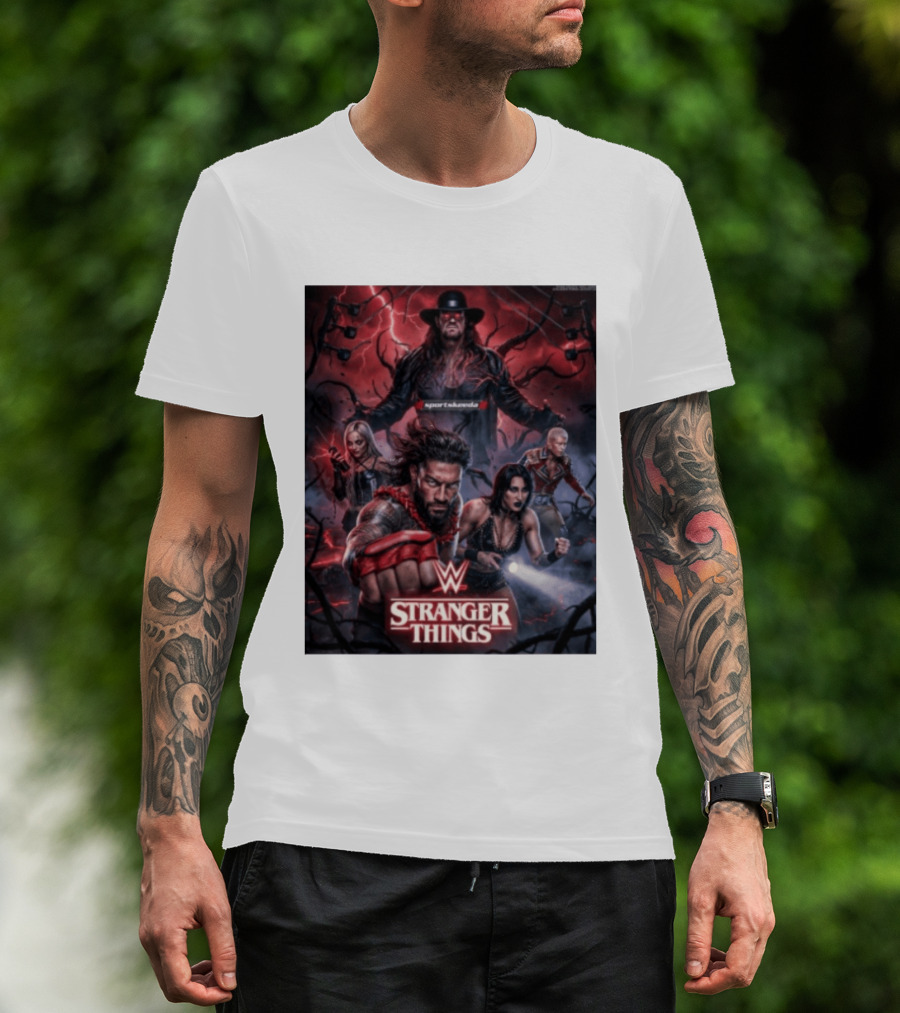 WWE And Stranger Things Crossover With The Undertaker, Roman Reigns, Cody Rhodes, Rhea Ripley, And Liv Morgan T-Shirt