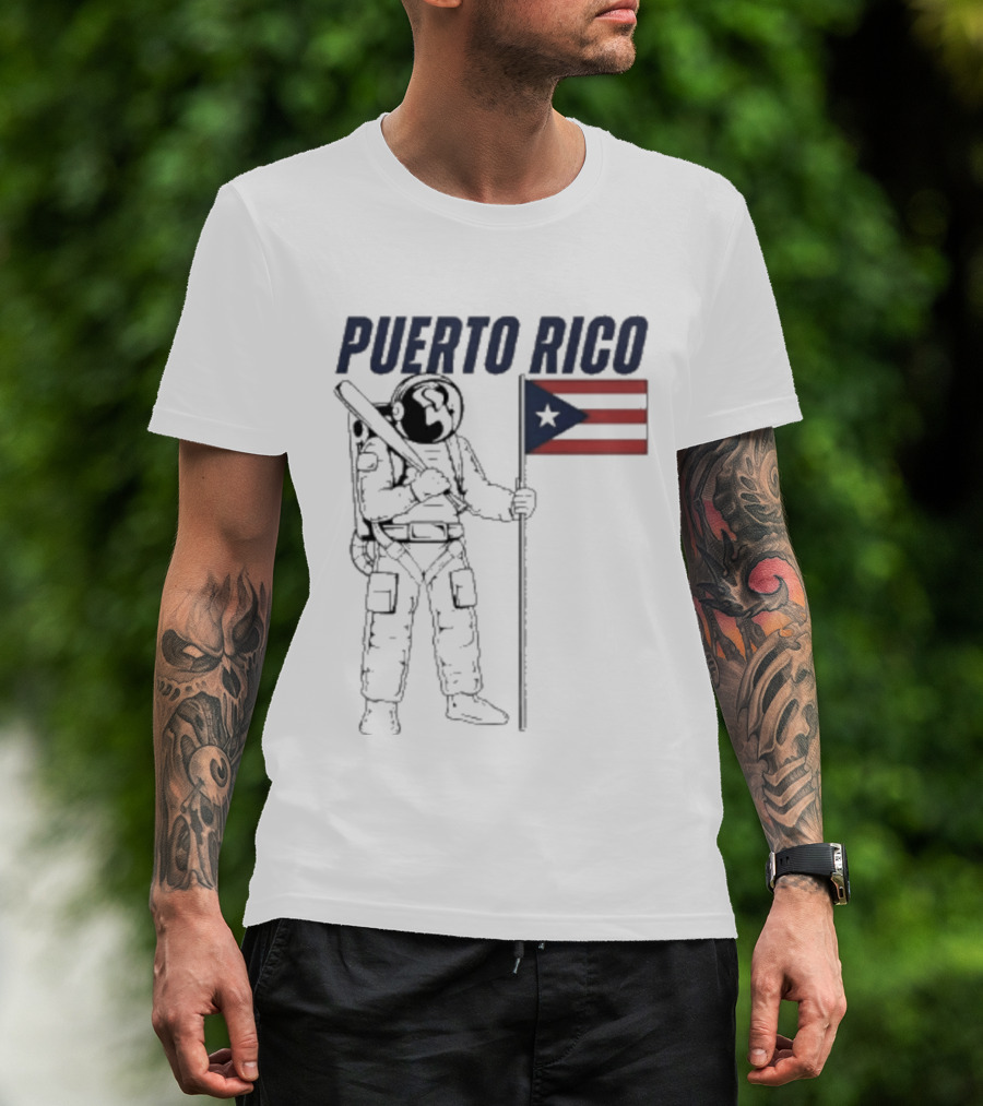 PUERTO RICO Astronaut Holding Baseball Bat Puerto Rican Flag T-Shirt
