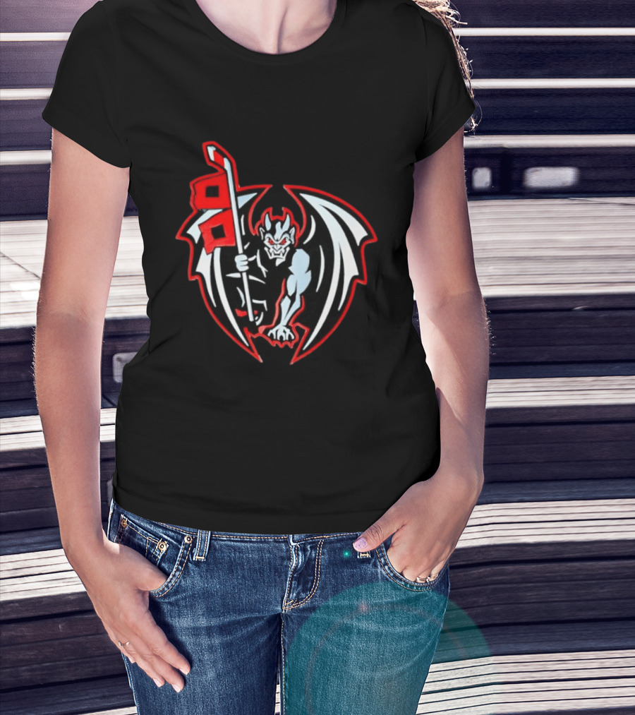 Greensboro Gargoyles Hockey Team Winged Gargoyle Holding Hockey Stick With Red Flag T-Shirt