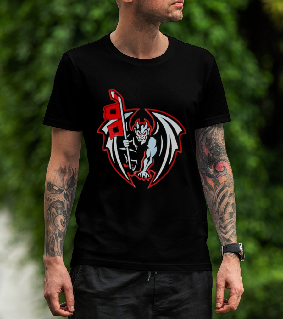 Greensboro Gargoyles Hockey Team Winged Gargoyle Holding Hockey Stick With Red Flag T-Shirt