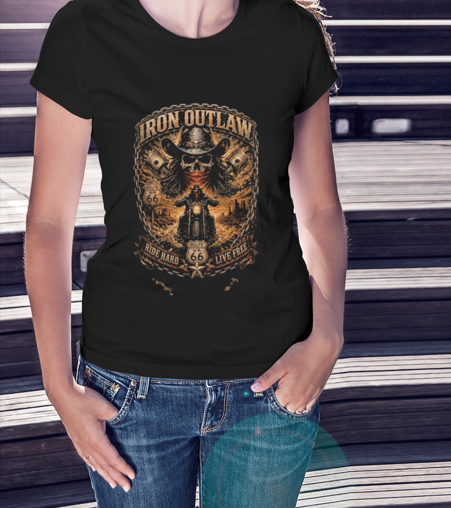 Iron Outlaw Cowboy Skull Motorcycle Route 66 Ride Hard Live Free T-Shirt