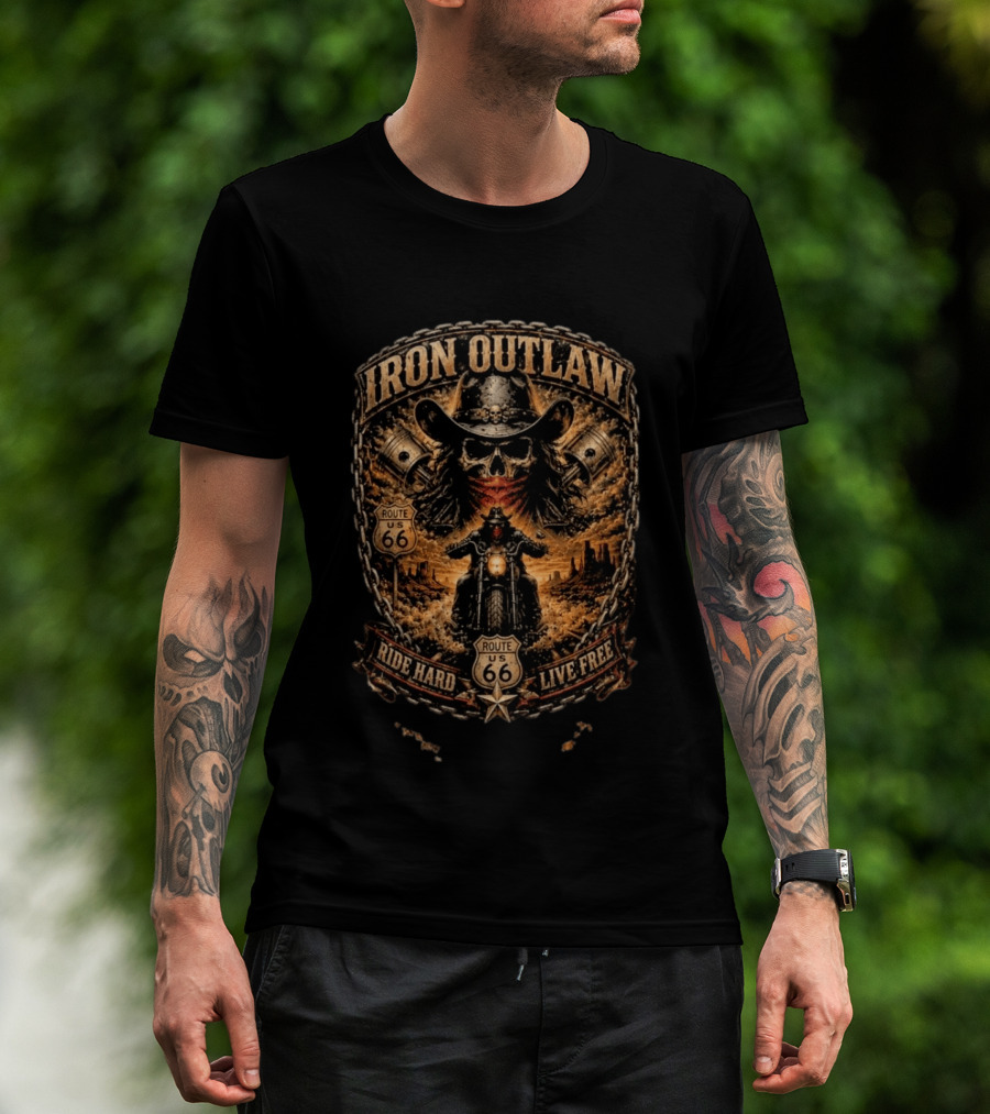 Iron Outlaw Cowboy Skull Motorcycle Route 66 Ride Hard Live Free T-Shirt