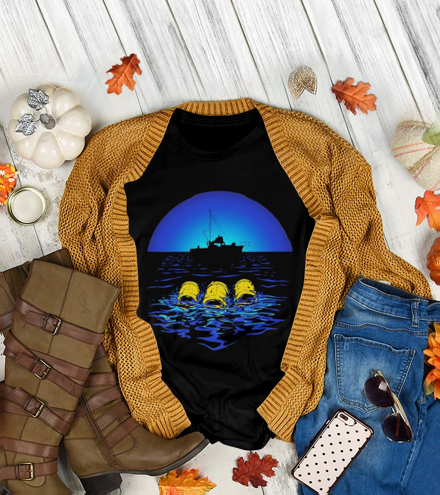 Jaws Orca Boat With Yellow Barrels Steven Spielberg Retro Ocean Scene T-Shirt