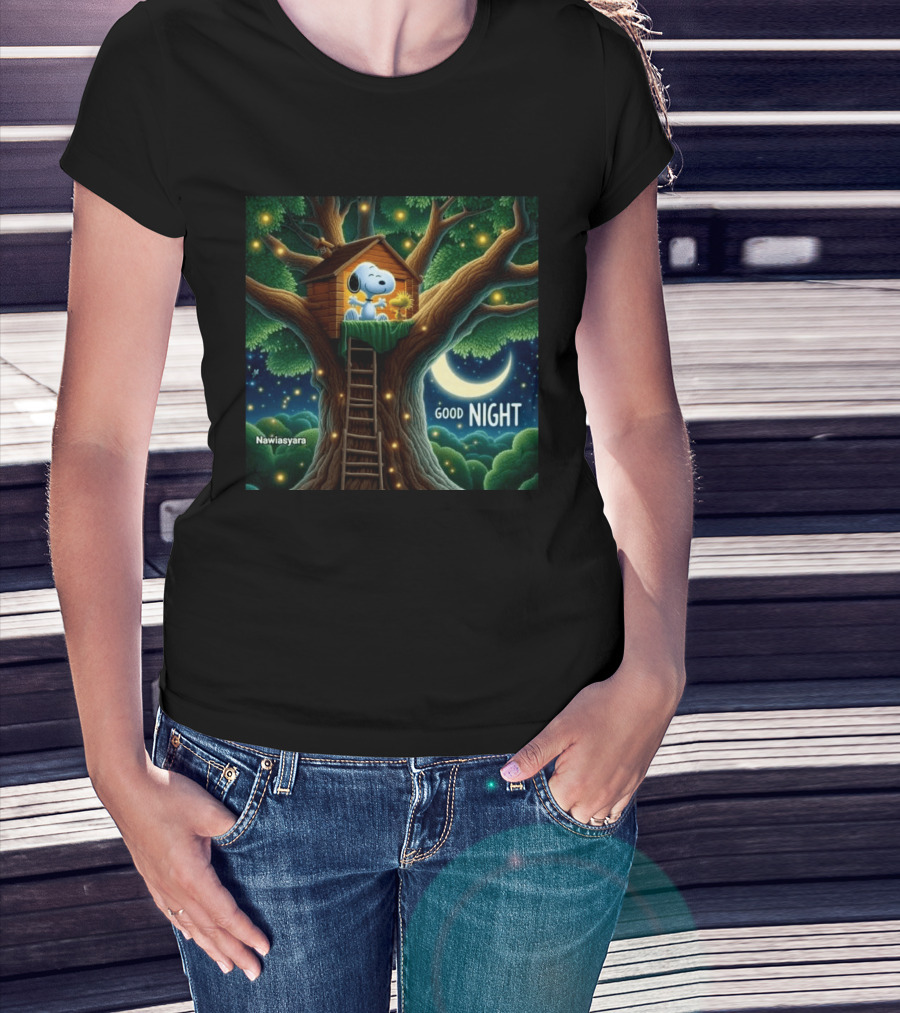 Leave A Heart If You Love Snoopy Good Night Treehouse Moonlit Scene T-Shirt