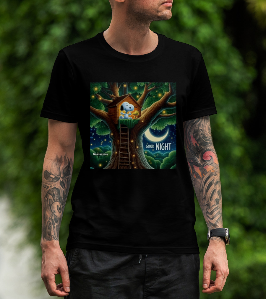 Leave A Heart If You Love Snoopy Good Night Treehouse Moonlit Scene T-Shirt