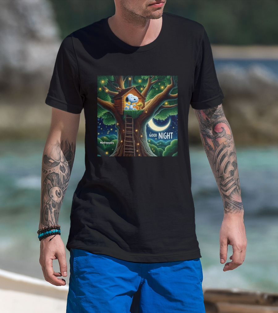 Leave A Heart If You Love Snoopy Good Night Treehouse Moonlit Scene T-Shirt