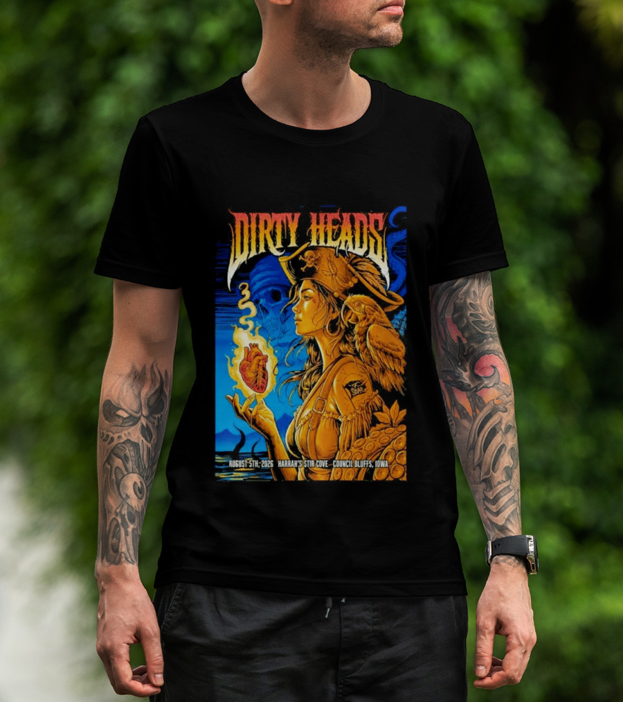 Dirty Heads August 5th 2026 Harrah's Stir Cove Council Bluffs Iowa Pirate Skull Parrot Live Event T-Shirt