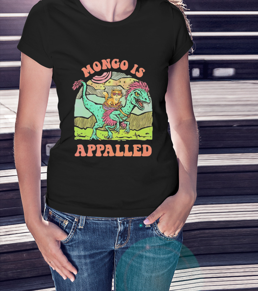 Mongo Is Appalled Cat Riding Dinosaur Raptor T-Shirt