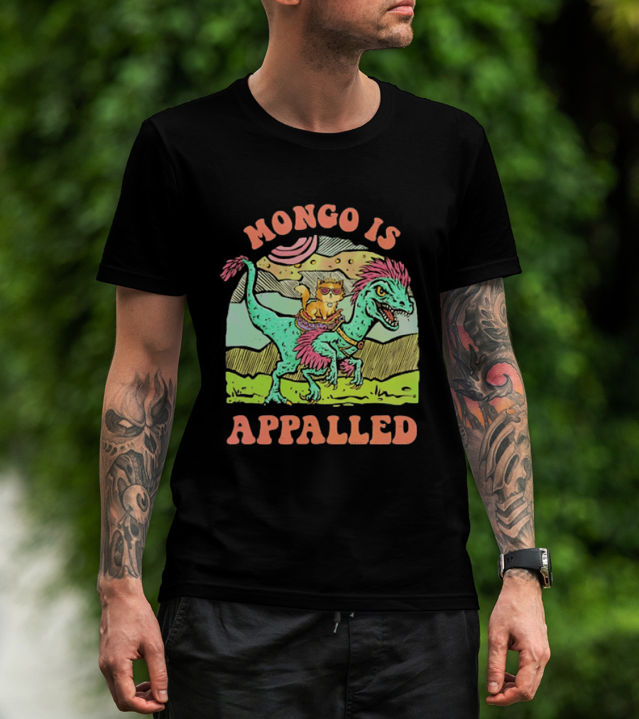 Mongo Is Appalled Cat Riding Dinosaur Raptor T-Shirt