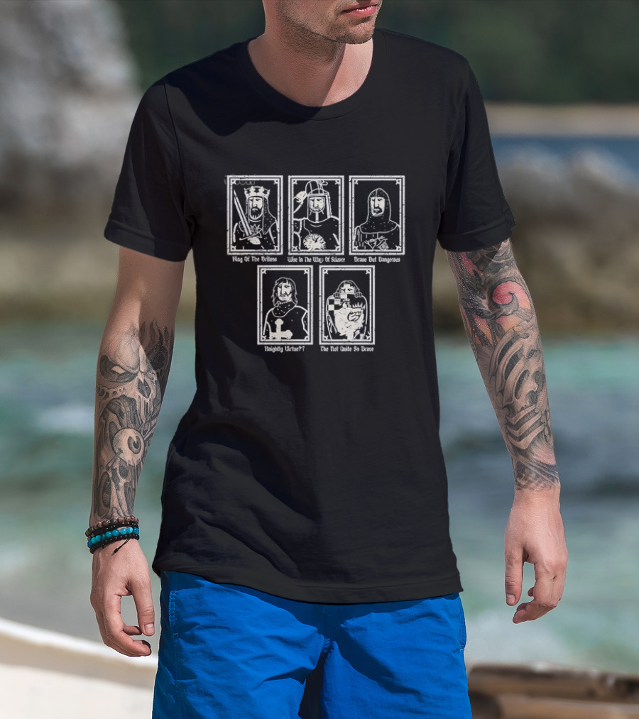 Monty Python And The Holy Grail King Arthur Sir Bedevere Sir Lancelot Patsy Black Knight T-Shirt