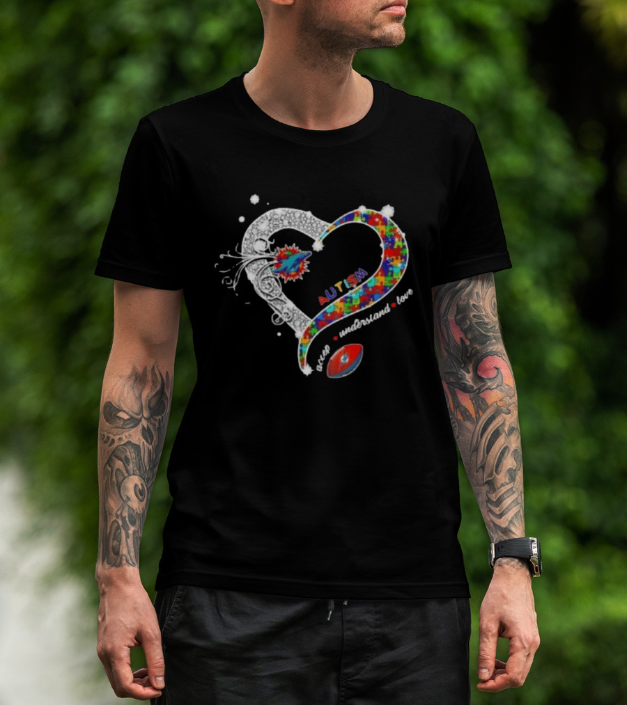 Miami Dolphins Autism Accept Understand Love Heart Diamond Puzzle T-Shirt