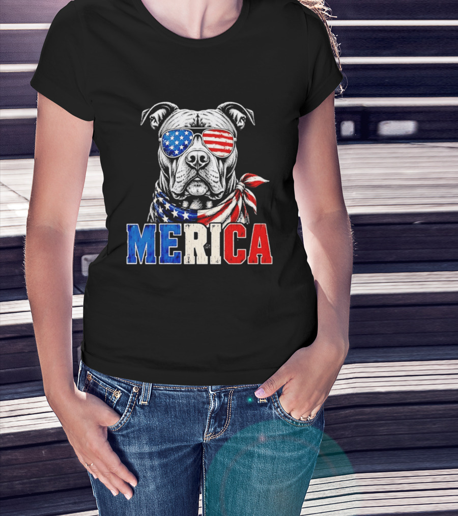 Patriotic Pit Bull Merica Dog With American Flag Sunglasses And Bandana T-Shirt