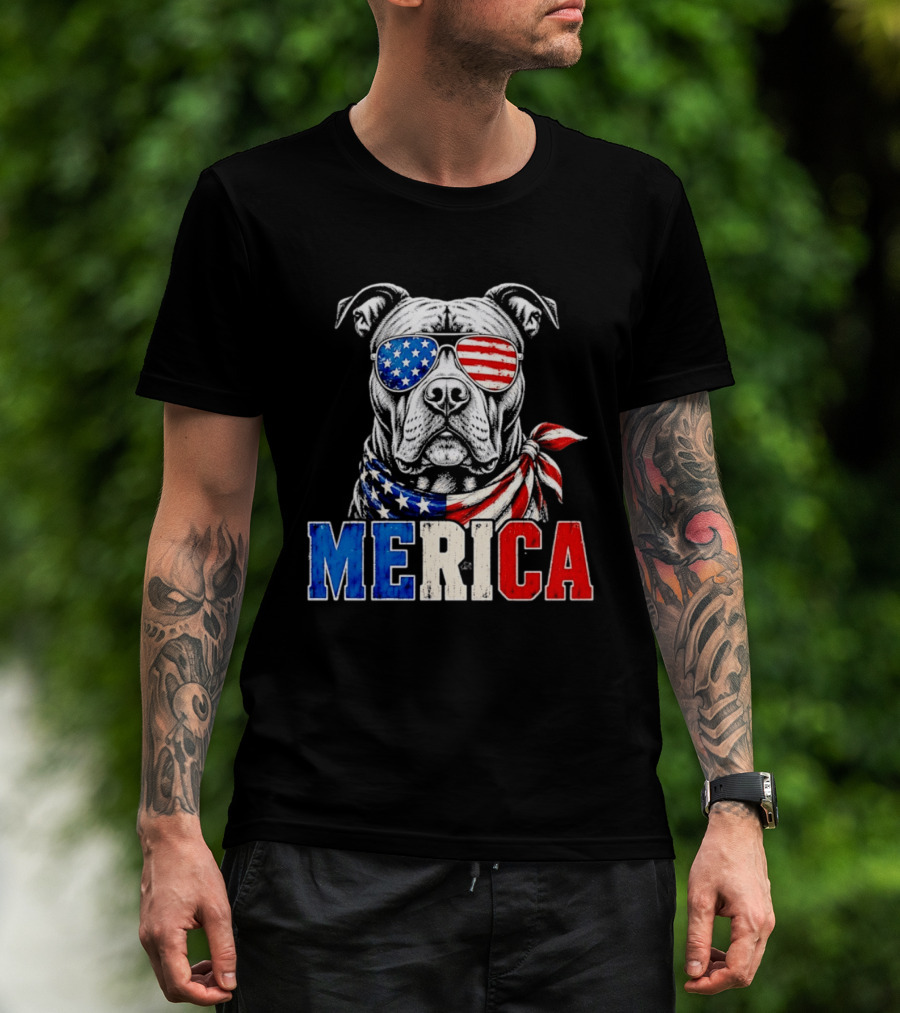 Patriotic Pit Bull Merica Dog With American Flag Sunglasses And Bandana T-Shirt